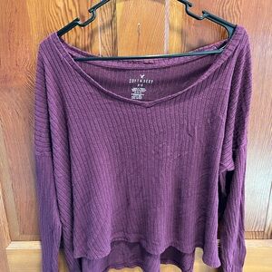 American Eagle Outfitters Ribbed Long Sleeve off the shoulder top- Burgundy
